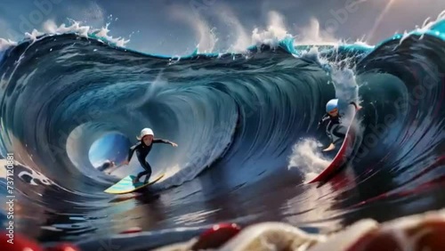 surfing in a windy weather, big waves, looping cartoon animation photo