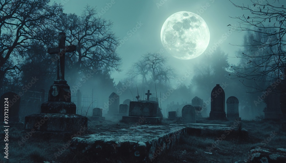 Obraz premium Ghostly Nighttime Grave Visit Generative AI