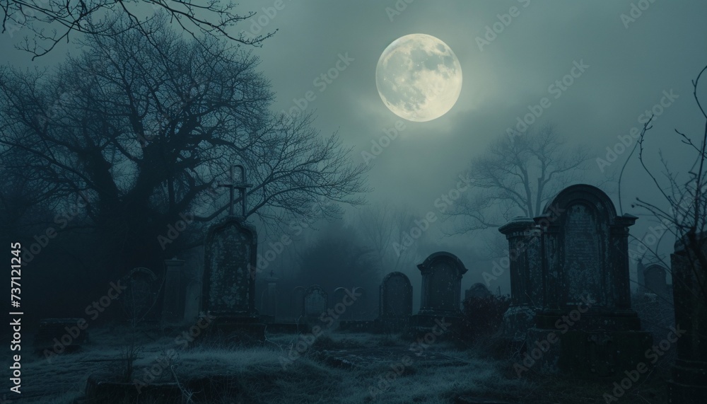 Ghostly Moonlit Night A Hauntingly Beautiful Scene Generative AI - obrazy, fototapety, plakaty 