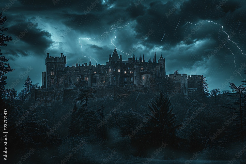 Gothic Castle in the Rainy Night Generative AI