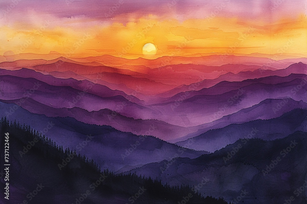 Sunset in the Mountains A Painted Artwork of a Beautiful Sunset in the Mountains Generative AI