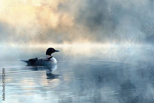 Loon bird floating on a misty lake at dawn