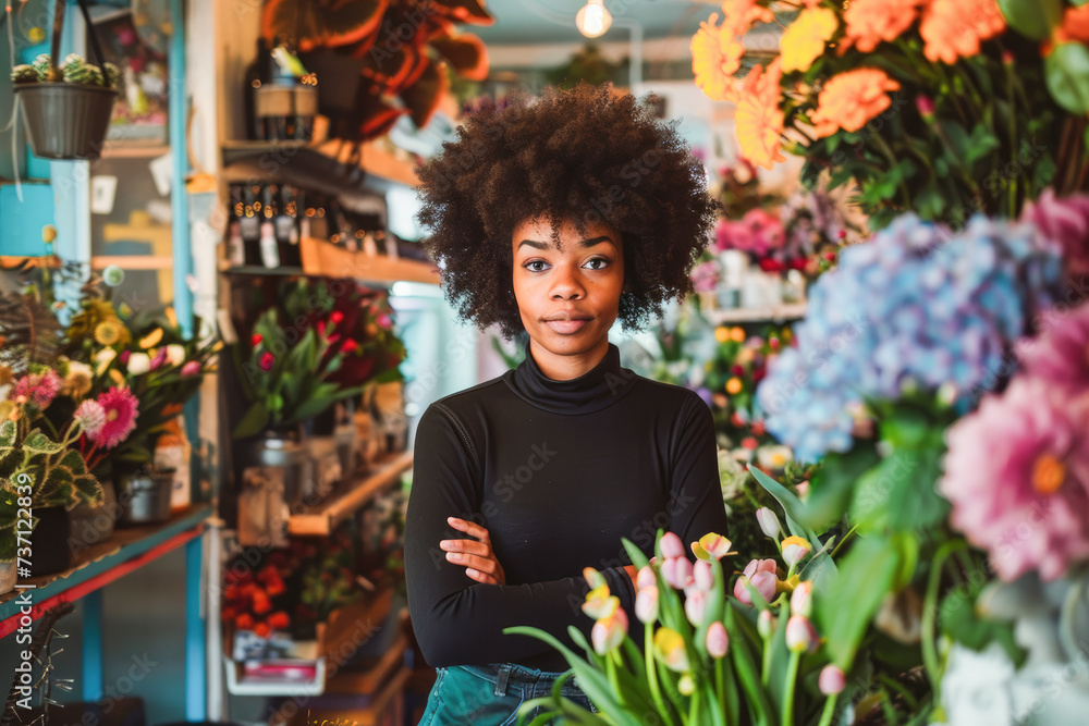 Confident young florist shop owner at her boutique standing proudly. Female business owner at her store. 