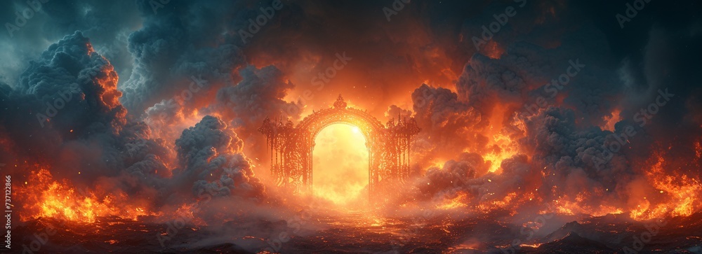 Fiery Gates of the Underworld A Blazing Night Sky Generative AI - obrazy, fototapety, plakaty 