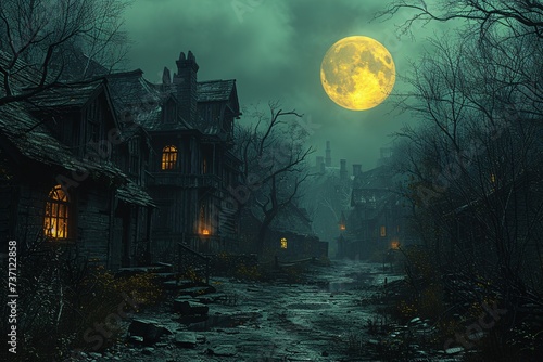 Stampa su tela Moonlit Night in the Haunted Village Generative AI
