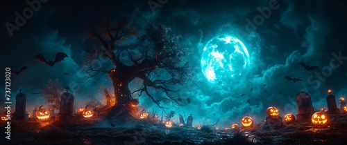Halloween Night Sky A Spooky Tree and Moonlit Scene Generative AI