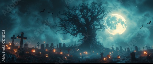 Ghostly Halloween Night A Tree with Pumpkins and Skulls Generative AI