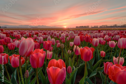 The Sunrise Scenery in a Tulip Field. Magical and Beautiful Spring Landscape with the Tulip Field Illuminated by the Morning Sun.