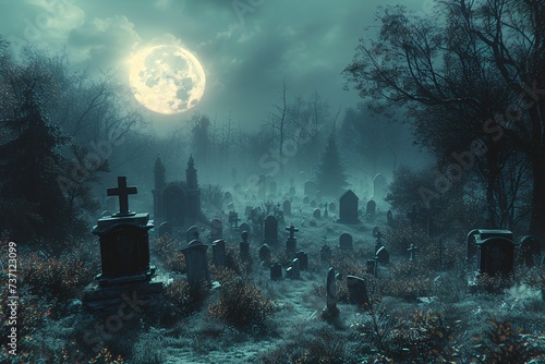 Grave Night A Moonlit Cemetery Generative AI