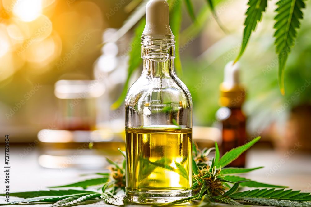 Glass bottle with CBD oil.Concept of herbal alternative medicine, pharmaceutical industry.