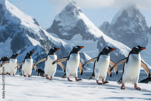 A charming scene of penguins marching in unison across the snowy terrain © Veniamin Kraskov