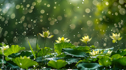 An evocative photograph capturing the Lotus effect in action during a gentle rain shower, with water droplets glistening on the leaves against a backdrop of soft natural light.