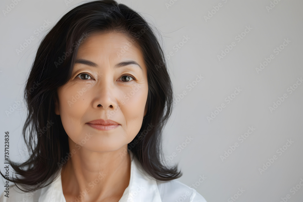 Close up portrait of beautiful mature asian woman isolated on white or light background Close up portrait of beautiful mature asian woman isolated on white or light background