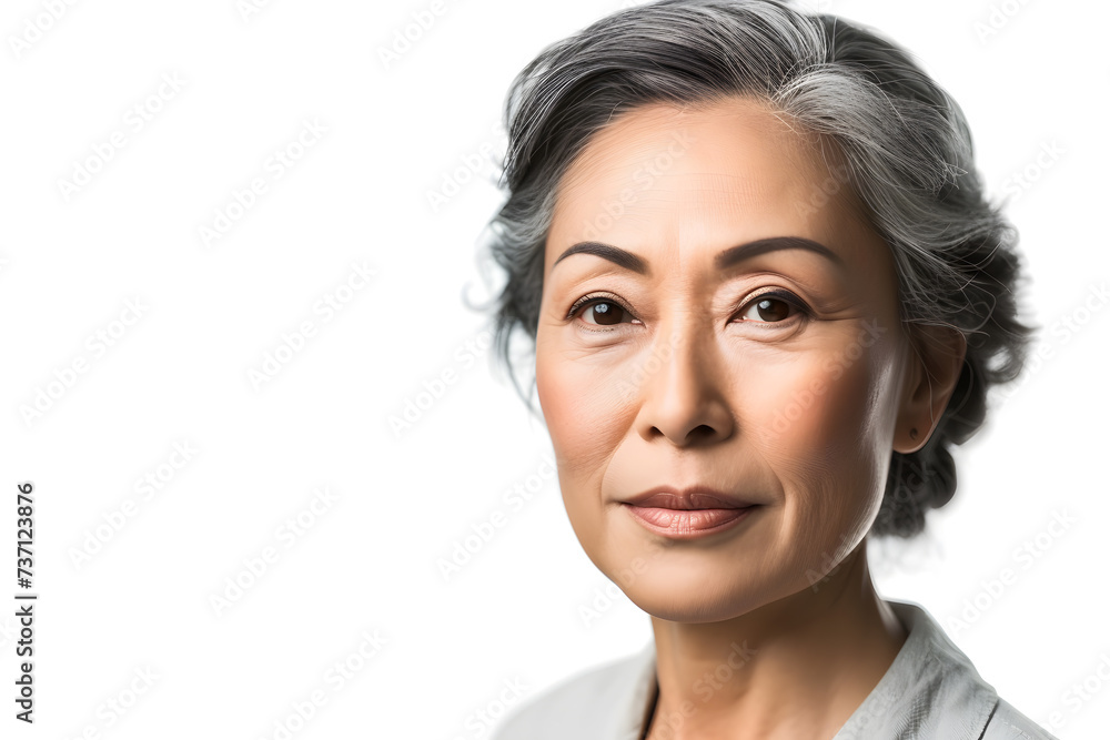 Close up portrait of beautiful mature asian woman isolated on white or light background Close up portrait of beautiful mature asian woman isolated on white or light background