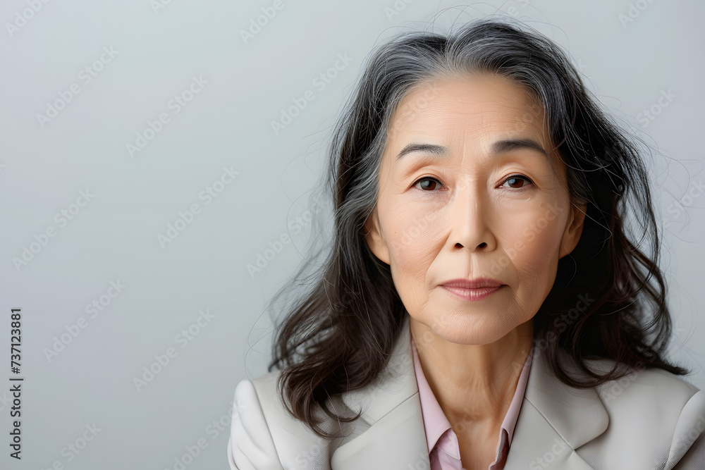 Close up portrait of beautiful mature asian woman isolated on white or light background Close up portrait of beautiful mature asian woman isolated on white or light background
