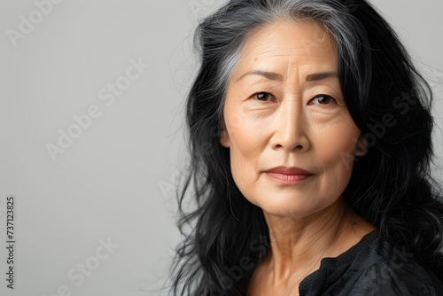 Close up portrait of beautiful mature asian woman isolated on white or light background