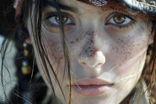 Close-up of a captivating young female pirate's face, exuding allure and mystery