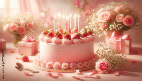 Candles with pink cake. wedding, birthday celebration rose flower. generated by AI.