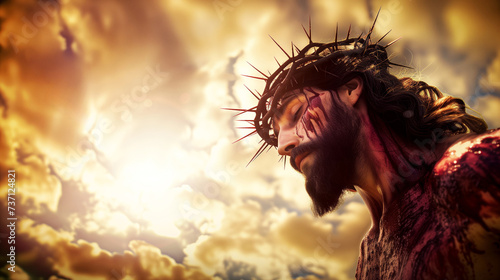 Jesus Christ our Savior with crown of thorns on his head tortured and humiliated to save you Generative AI Illustration photo