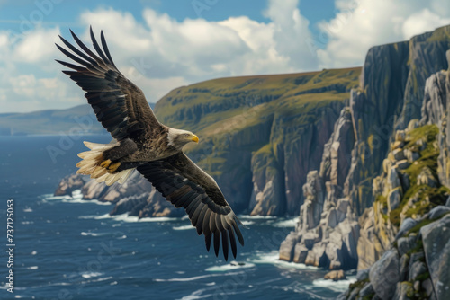 A majestic sea eagle soaring high above the rugged coastline