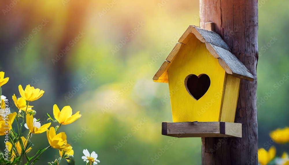 Yellow bird house with the heart shapped entrance on spring tree Yellow bird house with the heart shapped entrance on spring tree