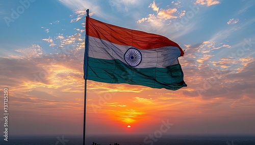 Indian Flag Flying High in the Sky on a Sunny Day Generative AI photo