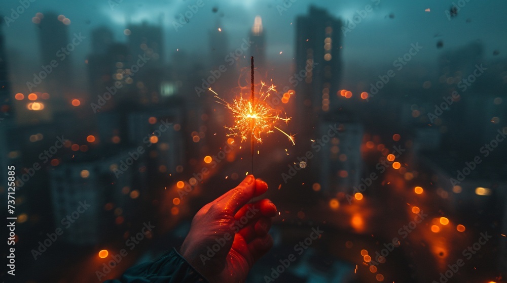 Glowing Sparkler in the City A Celebration of the New Year's Eve Fireworks Generative AI