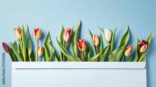An arrangement of tulips in soft blue, pinks, and whites, copy space. Generative AI