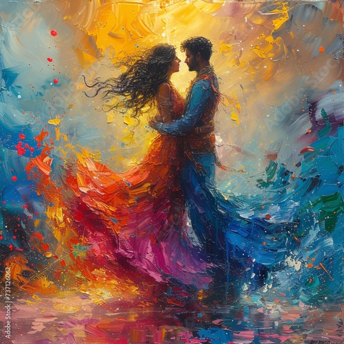 Dancing in the Rain A Colorful Painting of a Couple Embracing in the Rain Generative AI