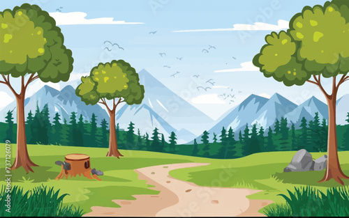 walking through the forest adventure illustration   nature scene with hiking track and trees 