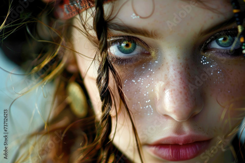 A mesmerizing close-up of a young woman's face, embodying the spirit of a beautiful pirate