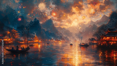 Celebrate the New Year with a Firework Show on the Water Generative AI