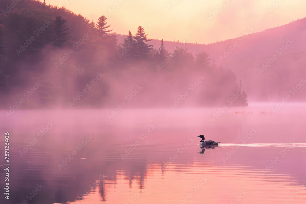 A loon glides silently on a mist-covered lake at sunrise