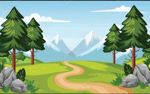 walking through the forest adventure illustration   nature scene with hiking track and trees 