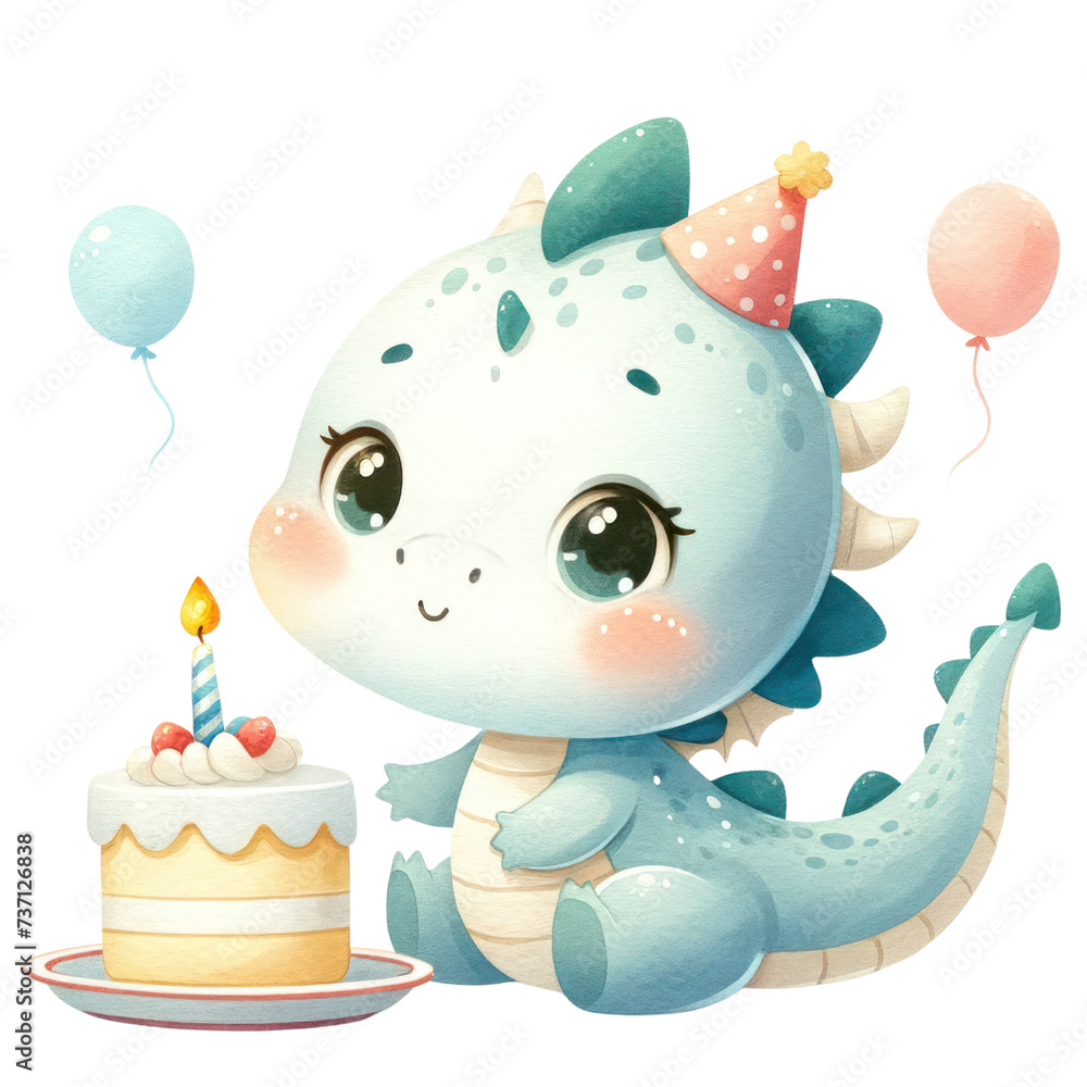 Naklejka premium baby dragon birthday celebration watercolor clip art isolated on the white background