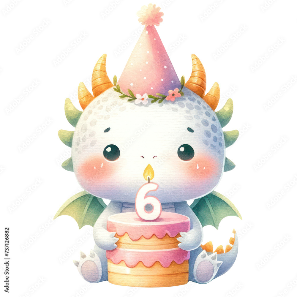 Naklejka premium baby dragon birthday cake celebration 6 year olds watercolor clip art isolated on the white background