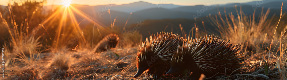 Echidna in the mountainous countryside with setting sun shining. Group of wild animals in nature. Horizontal, banner.