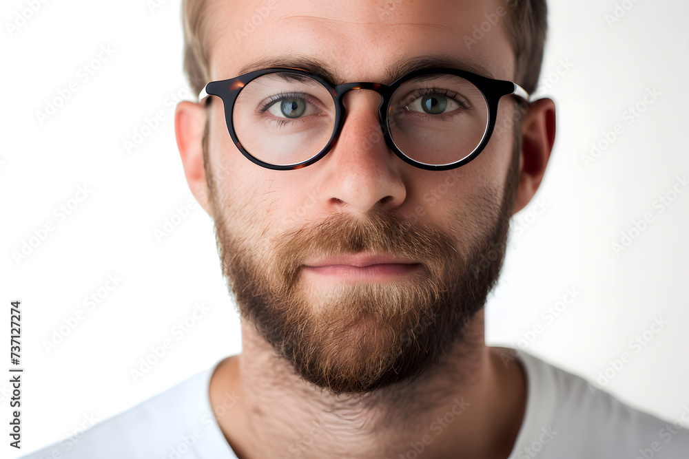 Close up portrait of handsome man wearing eyeglass. Elegant man in glasses. Optics style for men