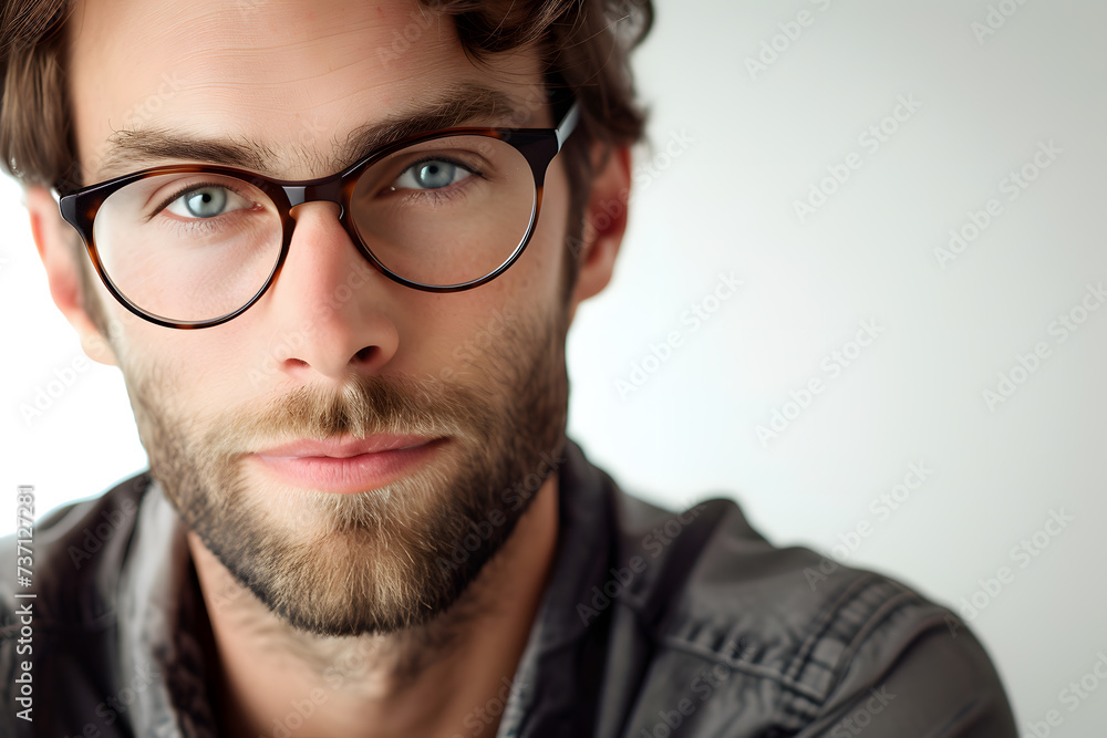 Close up portrait of handsome man wearing eyeglass. Elegant man in glasses. Optics style for men Close up portrait of handsome man wearing eyeglass. Elegant man in glasses. Optics style for men