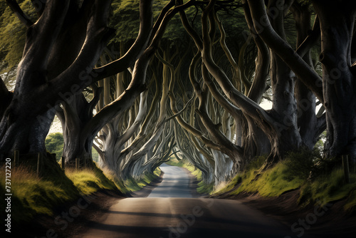 a tree covered road, in the style of gothic atmosphere, british topographical photo