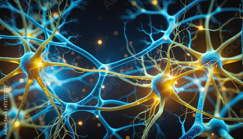Close-up of a neuron or nerve cell integrated in the neuronal network and sending and transmitting impulses photo