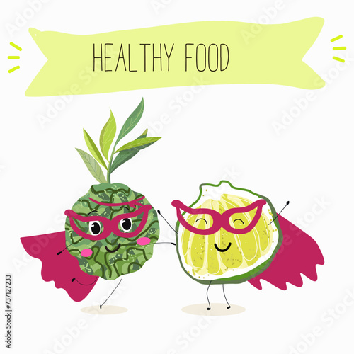 Cute  cartoon bergamot characters with different activities. Flat vector illustration, funny fruits. Organic food.