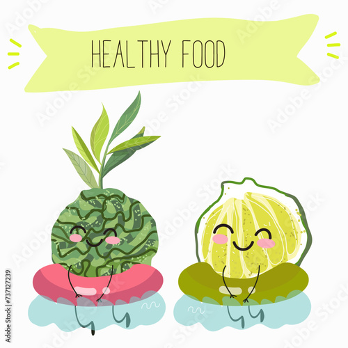 Cute  cartoon bergamot characters with different activities. Flat vector illustration, funny fruits. Organic food.