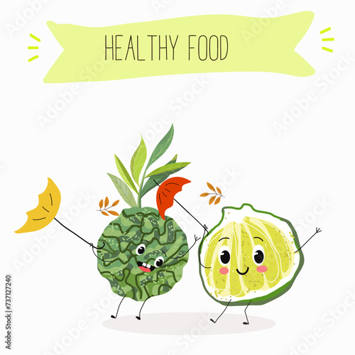 Cute  cartoon bergamot characters with different activities. Flat vector illustration, funny fruits. Organic food.