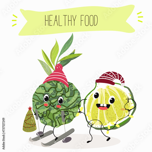 Cute  cartoon bergamot characters with different activities. Flat vector illustration, funny fruits. Organic food.