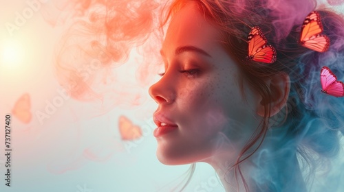 Woman's profile with butterflies and a smoke-like aura photo