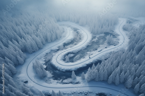 Winding road among wooded hills in winter aerial view
