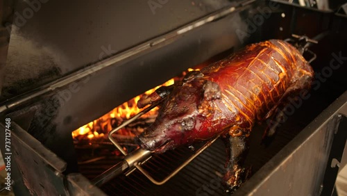 Roasted Whole Pig spinning on a Spit Over Open Fire for a Traditional Feast