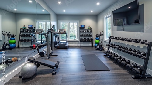 Home Gym with wall mounted equipment and rubber flooring. Generative ai, 