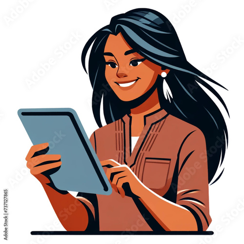 flat vector illustration of a smiling Native American woman using a tablet